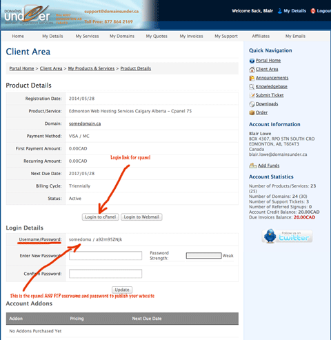 cPanel login credentials